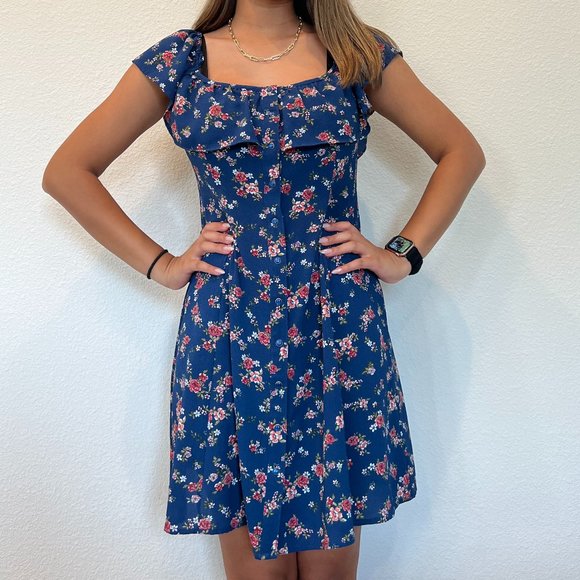 Blue Floral Flowy Mini Dress, Size Large - Picture 1 of 8